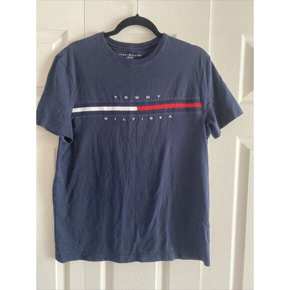 Tommy‎ Hilfiger Men's Medium Navy Spell Out Knit Graphic Tee - Picture 1 of 5